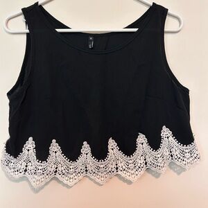 Cropped black tank and shorts set with white crochet detail